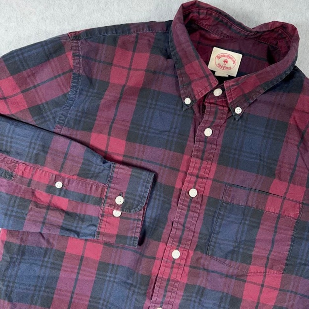 Brooks Brothers Red Fleece Button Down Shirt Mens Large Plaid Burgundy Navy